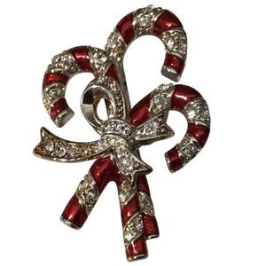 Candy Cane Brooch Red Enamel Silver Tone Clear Stones Christmas Holiday Signed